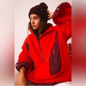 NWT Free People Climber Fleece Pullover Jacket HALF ZIP $148 X-SMALL Red Motif